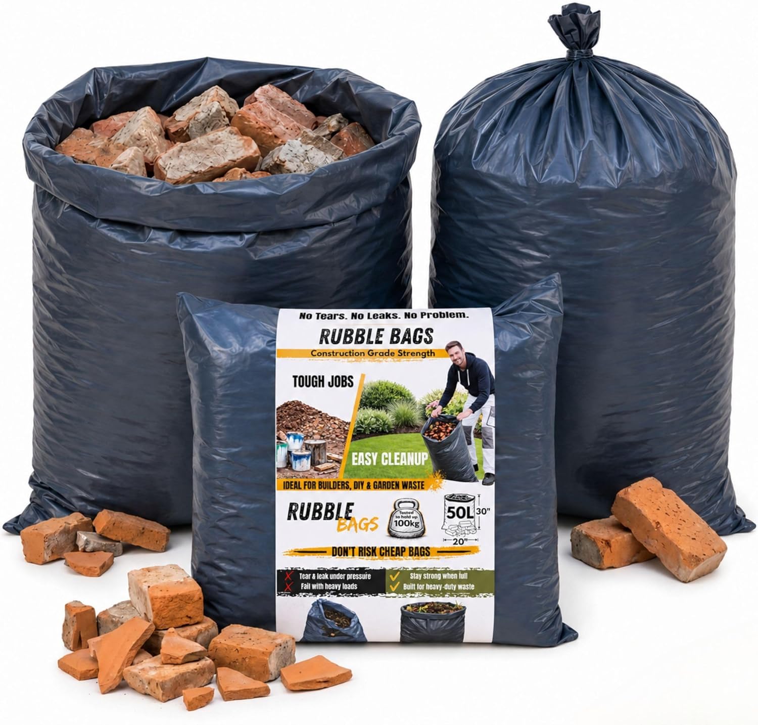 Heavy-duty rubble sacks filled with bricks